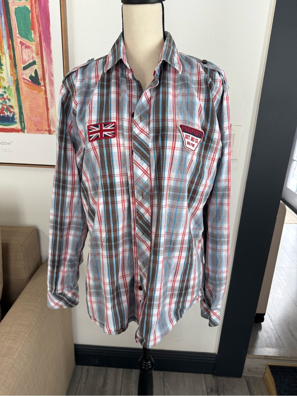 Quest Plaid Button Down Shirt w/ Patches Size Large